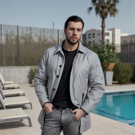 White man, with straight black hair, green eyes, a gray coat and shirt, thin lips (ultra HD) realistic background near a swimming pool, front position with hands in pockets, make the entire body Muscular body, short chin, big lips, short beard, square face