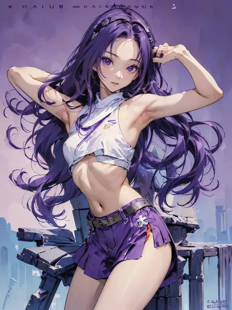 ((( Masterpiece ))) ((( background : cover of a magazine ))) ((( character : Kazuha : long dark purple smooth hair : forehead : fit body : : happy : small breast : K-pop model outfit : armpit: standing :sexy modelling pose)))