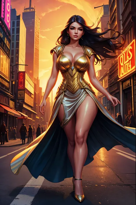 (highres,realistic:1.2),gorgeous detailed woman,wearing a stunning dress and high heels,walking gracefully down the dimly lit road,with a mysterious expression on her face,a sense of confidence in her eyes,her flowing hair catching the wind,farshot perspec...