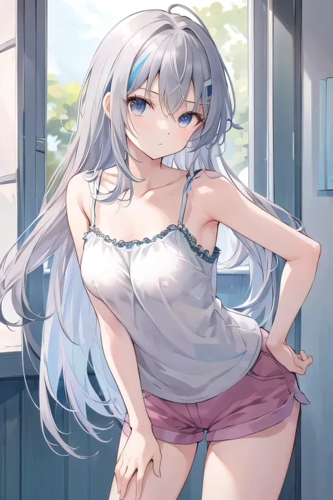 camisole、hot pants、Leaning forward、nipples are visible、(Gray hair and light blue gradation hair:1.2)、long hair