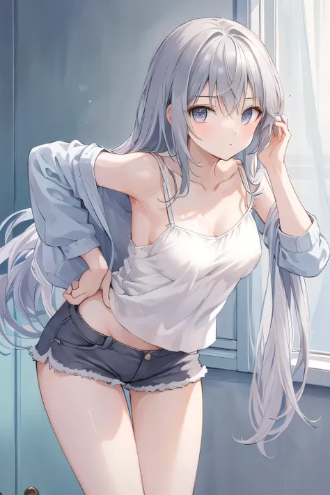 camisole、hot pants、Leaning forward、nipples are visible、(Gray hair and light blue gradation hair:1.2)、long hair