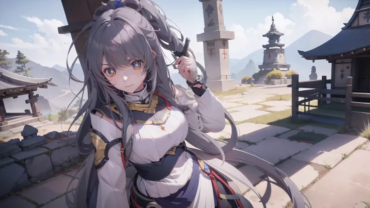lily、gray hair、Fox、warrior、shrine、long hair、small breasts、highest quality、He has a sword at his waist.woman、small breasts,arknights