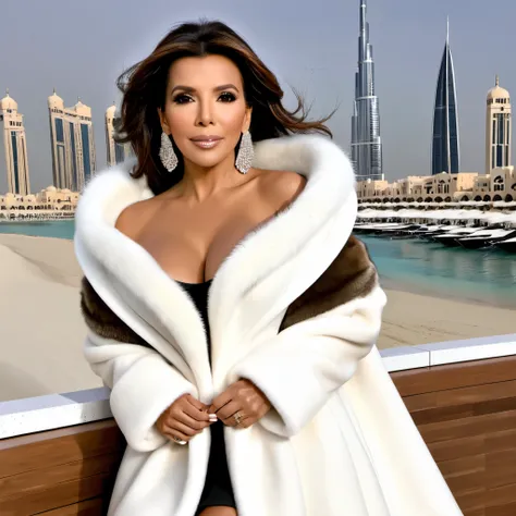 A very wide and very thick, manteau de fourrure en vison brun et blanc, thirty centimeters thick, duveteux, naturel, with an ultra thick sand mink fur collar, three layers, sur Eva Longoria, bare shoulders, and a large breast exposed, in Dubai ,