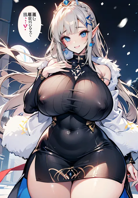 Erotic Anime Illustration、Highest image quality、A plump lewd lady from the snow country、Princess Zelda、perfect proportions、beautiful eyes、gorgeous patterned dress、fur coat、Overwhelmingly big breasts beyond the norm、cowboy shot、ecstatic smile、Estrus