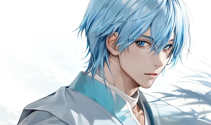 A portrait of a man with light blue hair，juvenile，，Looking at the camera sideways，young people，Have bangs，Japanese manga style，strong light and shadow，Thick coating，Fine detail in light and shadow，beautiful blue eyes，White background，rich colors