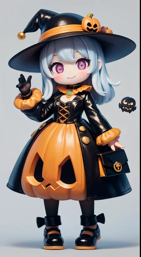 Cute Halloween Theme、full body Esbian、Eye Up、A smile、 wave her hand、Glamorous Hat、Halloween Accessories、Draw clothes buttons and pockets in a Halloween style、Cute shoes、breasts are large