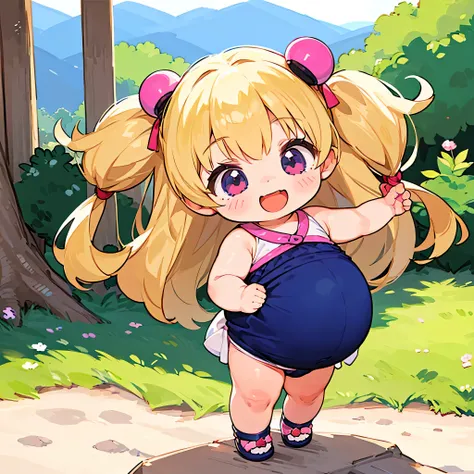 (pregnant toddler girl:1.5),chibi,2girls,long blonde hair tied with a string,belly button,standing,laughing