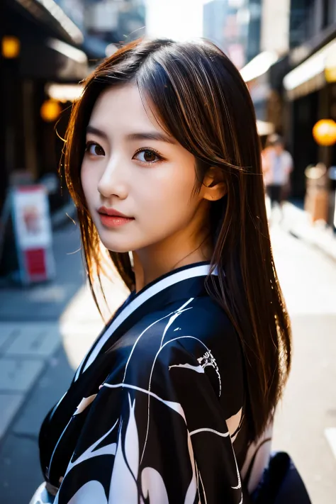 Beautiful Japanese supermodel woman, A lock of hair with slight highlights, black eyes, Sexy，street background，Gorgeous kimono , Liquid color flows across her face, Shooting against the light，Perfect facial lighting，mixed media