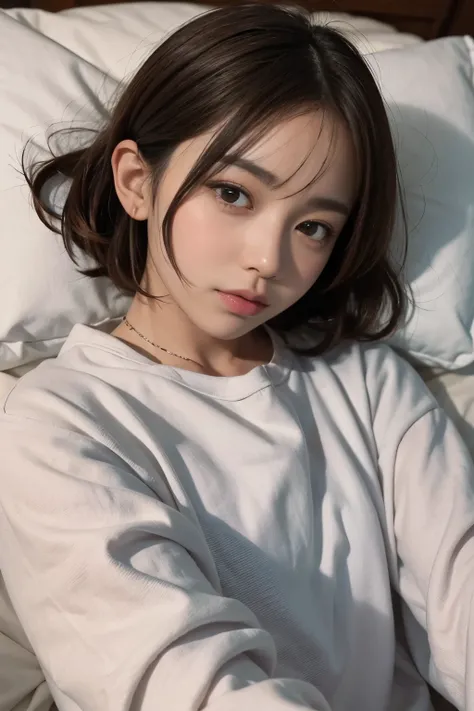 cute 21 year old japanese、night、on the bed、sweaty pajamas、cute colorful pajamas、super detailed face、Attention to detail、double eyelid、beautiful thin nose、sharp focus:1.2、beauty:1.4、(light brown hair、shortcut) hair、white skin、highest quality、masterpiece、ult...