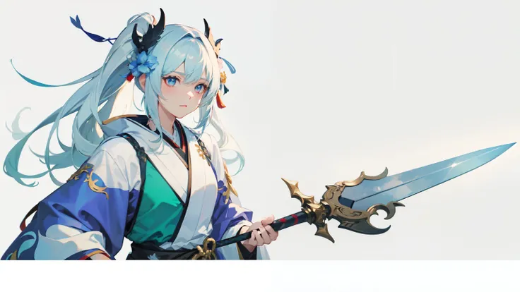 Anime character holding sword and white background, by Shitao, Produced by Anime Painter Studio, Onmyoji detailed art, Artgerm and Atey Ghailan, Onmyoji, 《Genshin》Keqing in, guweiz, Onmyoji portrait, Demon Slayer Rui fan art, guweiz on pixiv artstation