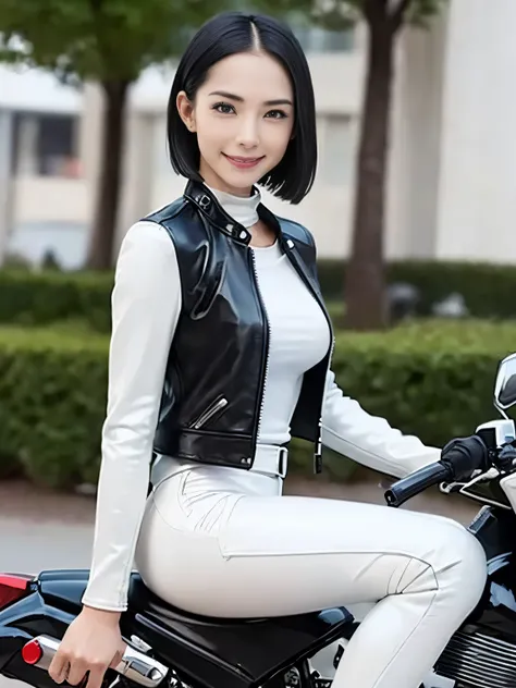 ((best quality)), ((masterpiece)), ((perfect face))、（(detailed motorcycle)）、Detailed and clear photos、((riding a motorcycle))、slender body、long legs、full body shot、smile、(((White long sleeve riding jacket and leather pants)))、(short hair)