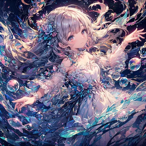 (exquisite, beautiful, very detailed, masterpiece, high quality, confused, High resolution, Full HD, 16k), (thin line: 1.2, soft lines:1.2, beautiful and delicate face), front,body whole,whole body,((floating in water,drifting)),(The tips of your hair an...