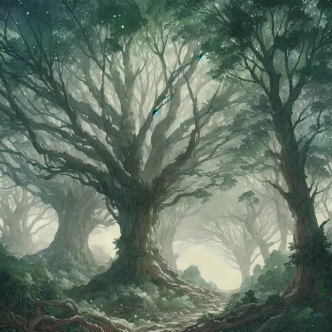 there is a forest picture with a path in the middle, Big magic tree, Ancient forest, fantasy forest, Ancient oak forest, Vast forests, dark fantasy forest, magical fantasy forest, a fantasy forest, enchanted and magical forest, forest picture, magical fore...