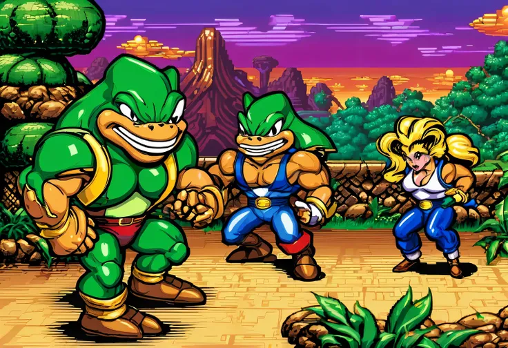 A game scene from the retro game Battletoads & Double Dragon: The Ultimate Team, 16 bit, 16 bit color palette, Sega Mega Drive, retro textures, original gameplay, full compliance with the original Battletoads & Double Dragon game: The Ultimate Teamve