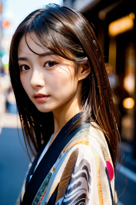 Beautiful Japanese supermodel woman, A lock of hair with slight highlights, black eyes, Sexy，street background，Gorgeous kimono , Liquid color flows across her face, Shooting against the light，Perfect facial lighting，mixed media