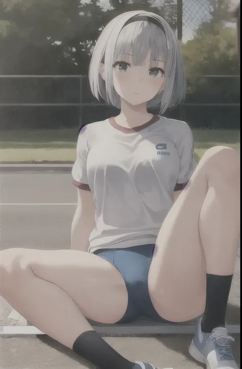 1 girl,alone,Youmu,white shirt,white socks, Gym suit,Dark blue bloomers, sports shoes, sitting, get your knees up,schoolyard,outdoor, blue sky,Sweat, front elevation
break
(masterpiece, highest quality,Super detailed,)