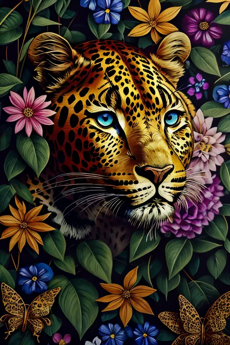 contemporary art collage, leopard head, with flowers and leaves, some smart insects, painted, super detailed, full color, bright...