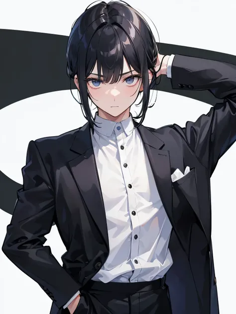 A man wearing a men&#39;s suit , Bangs swept back , black hair , 180cm , handsome face , mature face , 20&#39;s , document , employee , neat attire , white background ,exact , A strange pause , 30s