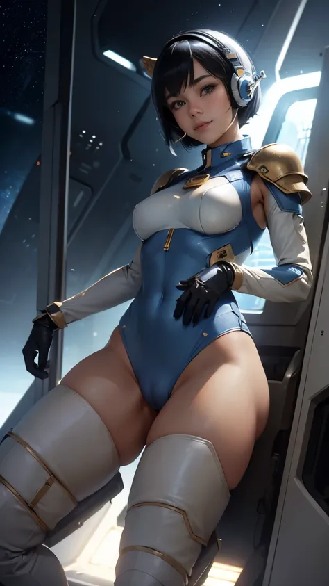 (masterpiece、highest quality、highest resolution、clear_image、Detailed details): (full body figure、22 year old girl、Japanese face、small face、thin、black hair、Super Short Bob Cut Hair、blue colored eyes、white shiny pilot suit、armor that protects the chest、tight...