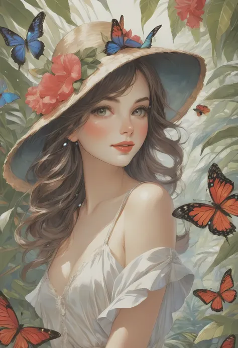 Jeune femme de 20 ans regardant un objectif parce quon la prenait en photo de face. She is surrounded by tropical butterflies, darbres, in a butterfly house. She is captivatingly beautiful, having a pale face of infinite sweetness, devoid of the slightest ...