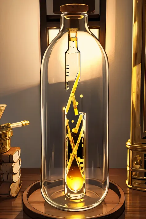 high quality, golden liquid, test tube, glass, cork stopper, glowing liquid, night