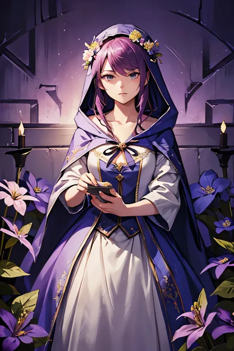 highest quality, a woman in a hat and dress with flowers on her head, young magician, the determined girl, hooded, moody lighting, quiet, Calm, Mysterious, Magic, rim lighting, a character portrait by Nagasawa Rosetsu, featured on pixiv, rayonism, official...