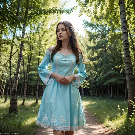 Russian beauty in national clothes, stands in a birch grove under green foliage, against a background of blue sky with white clouds, create an atmosphere of lightness and beauty, like from a fairy tale. 