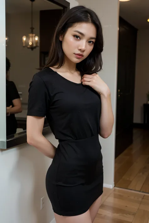 cute asian girl in sexy casual black dress, makeup, photo realistic