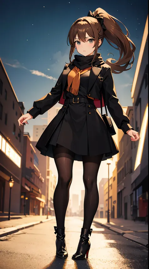 anime woman with light brown hair in a ponytail wearing a black bow, a long black jacket, a skirt, pantyhose, scarf and high heel boots