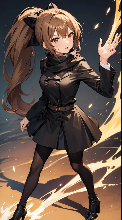 anime woman with light brown hair in a ponytail wearing a black bow, a long black jacket, a skirt, pantyhose, scarf and high heel boots