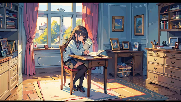 (masterpiece), best quality, expressive eyes, perfect face, Cute room, A girl reading a book, Desk,　curtains, 12 years old, full body, ((pixel art: 1.2)),