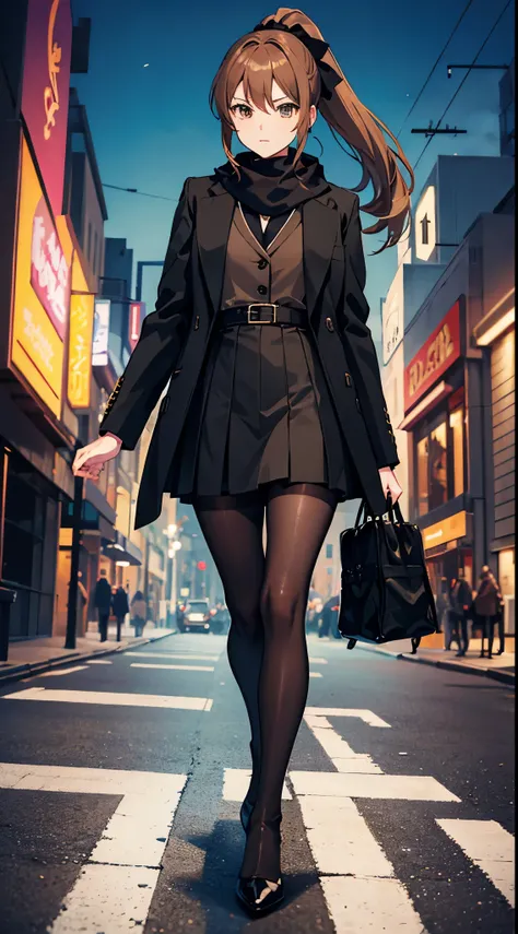 anime woman with light brown hair in a ponytail wearing a black bow, a long black jacket, a skirt, pantyhose, scarf and high heel boots at a cinema