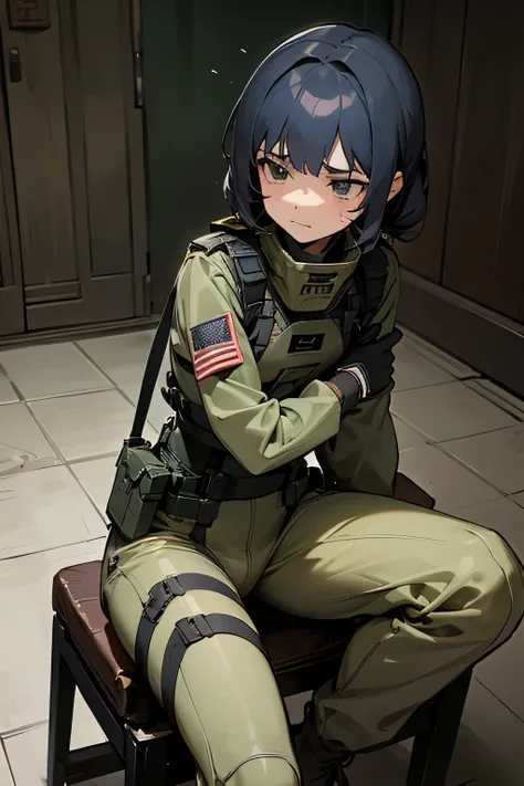 1girl, army suit, faint smile, sit on the chair, dark, was beaten, tied by a rope, being interrogated
