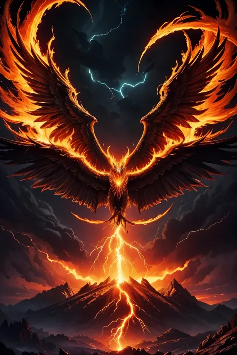 RAW, Best quality, high resolution, masterpiece: 1.1), Dark fantasy, Vibrant lights, Dramatic scene, Phoenix born again from the ashes, Dark sky and lightning upon the subject (Phoenix), Masterpiece, Huge in size, Spreading the wings widely, Throwing the f...