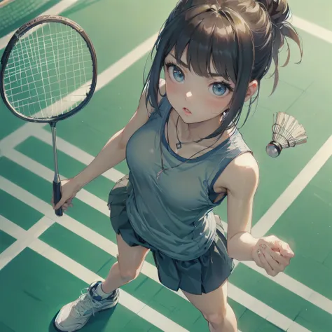 high quality,HD,16k,sharp lines,1 girl,Female badminton athlete ,cute face, large breasts, nice legs,At the badminton venue,focus girl,detailed beautiful face,detailed clothes,beautiful eyes,cool,dynamic angle