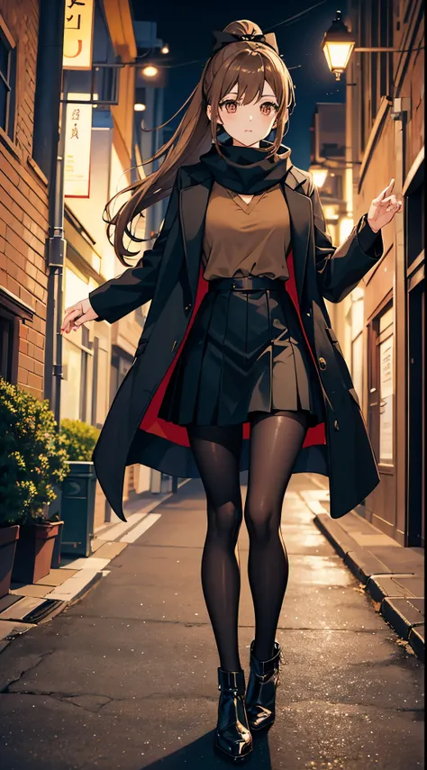 anime woman with light brown hair in a ponytail wearing a black bow, a long black jacket, a skirt, pantyhose, scarf and high heel boots walking on a street close to a forest at night