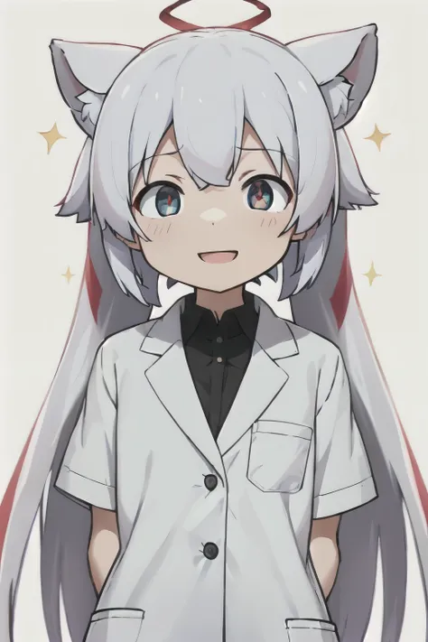white background、Solid white background、blank background、arms behind back、 hide your hands、sparkling eyes、red eyes、White hair x red eyes、White hair, red eyes、small eyes「tsurime」「slant eyes」Upper body photographed from the front,(high quality, Breathtaking)...