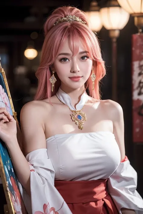 kpop idol, yae miko, detached sleeves, bare shoulders, pink hair, long hair, japanese clothes, best quality, (painting:1.5), (hair ornament:1.35), jewelry, purple eyes, earrings, breasts, torii, cherry blossoms, lantern light, depth of field face focus, ri...