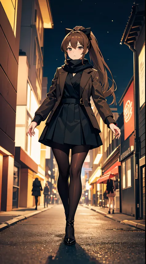 anime woman with light brown hair in a ponytail wearing a black bow, a long black jacket, a skirt, pantyhose, scarf and high heel boots walking on a street at night