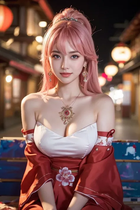 kpop idol, yae miko, detached sleeves, bare shoulders, pink hair, long hair, japanese clothes, best quality, (painting:1.5), (hair ornament:1.35), jewelry, purple eyes, earrings, breasts, torii, cherry blossoms, lantern light, depth of field face focus, ri...