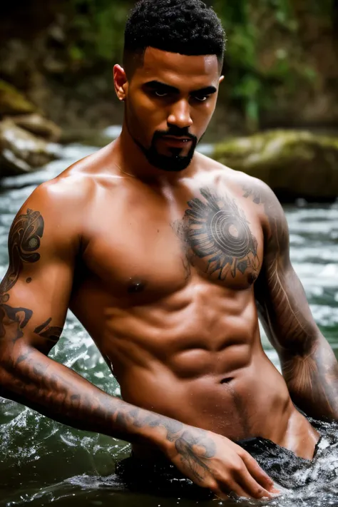 Kevin-Prince Boateng, ancient warrior bathes, mythological, water splashes up, naked torso, hairy chest, emerging from the river water, handsome young man, superhuman beauty, ideal features, A Latin view, hyperrealistic, High detail, high quality