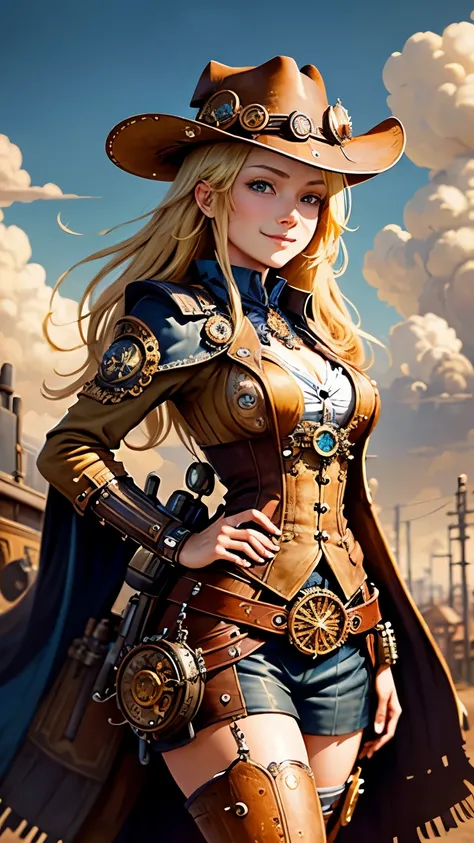 steampunkai。highest quality。masterpiece。detailed details。disorganized。one woman。long blonde hair。steampunk gunman。Hold two pistols。see the beholder。Cheerful smile。The background is a western style town, dusty wind, blue sky and white clouds.。