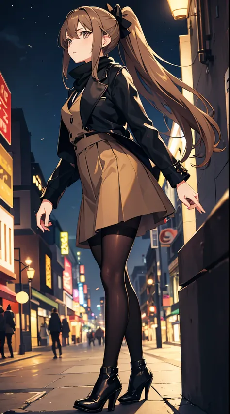 anime woman with light brown hair in a ponytail wearing a black bow, a long black jacket, a skirt, pantyhose, scarf and high heel boots walking on a street at night