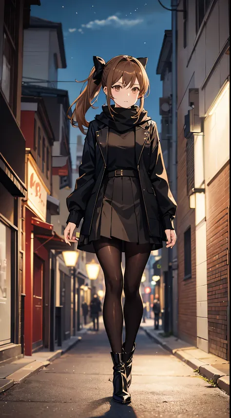 anime woman with light brown hair in a ponytail wearing a black bow, a long black jacket, a skirt, pantyhose, scarf and high heel boots walking on a street at night