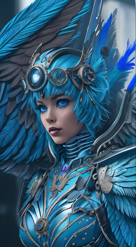 Close-up of a woman in a blue dress with wings, full body angel, futuristic robot angel, amazing angel wings, angel knight gothic girl, angel in plastic armor, intricate costume designs, As a mysterious Valkyrie, The whole body is made of blue feathers,, f...