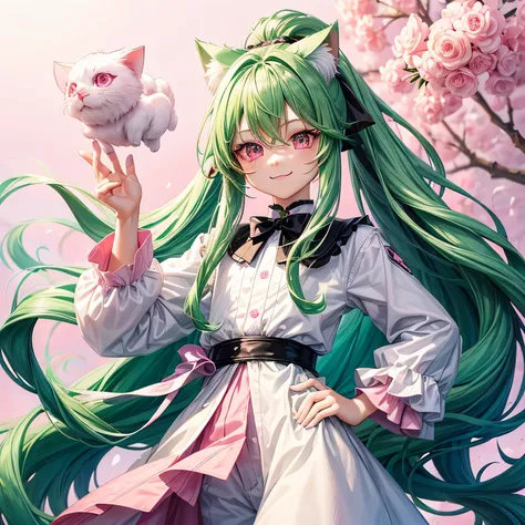 Beautiful young man has long hair、I have bright green hair and pink hair.、pink eyes、Cat ear、Boy character、positive、pure white background、Clothes: white blouse, black jacket and black pants、No pose 、positive、1 person、smile、Standing picture、ponytail