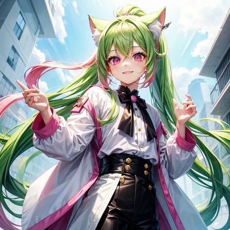 Beautiful young man has long hair、I have bright green hair and pink hair.、pink eyes、Cat ear、Boy character、positive、pure white background、Clothes: white blouse, black jacket and black pants、No pose 、positive、1 person、smile、Standing picture、ponytail