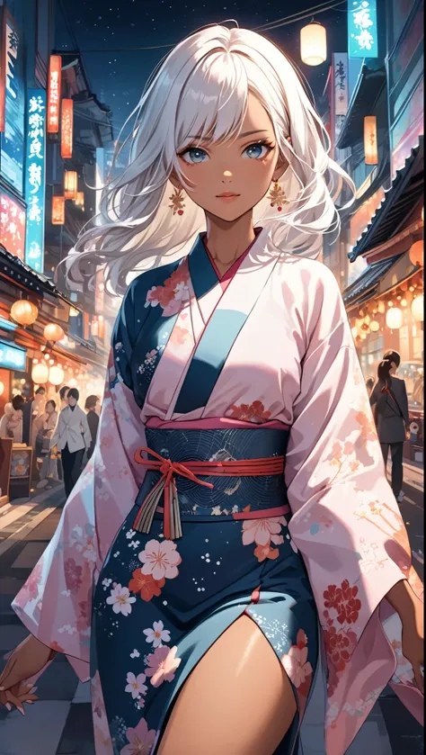 Craft an illustration of an anime girl with a perfect hourglass figure, white hair, and tan Japanese skin, in a new and lively pose. She wears a kimono that gracefully outlines her curves, reflecting the golden ratio. The kimono is adorned with a contempor...