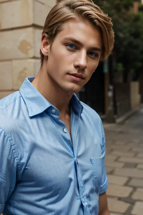 1 person, in Spain street Beautiful blue eyes and face details, Dressy shirt, nice body, strong build top quality, short blonde hair, blue eyes, toned body, (male model) warm skin, handsome man of the world