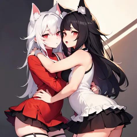 Two furry women in short dresses showing their underwear and hugging each other There are two FURRY girls, they are two wolves and one has white hair and the other red 